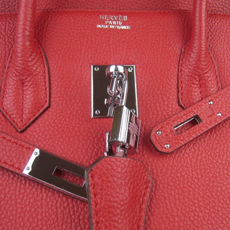 Hermes Birkin 35Cm Cattle Skin Stripe Handbags Red Silver